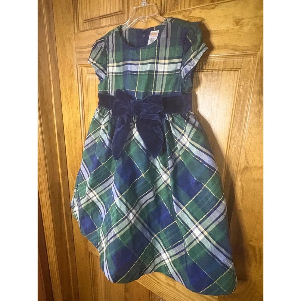 Gymboree Girls Plaid Holiday Dress Size 5 Green Blue Gold Metallic Velvet Bow
